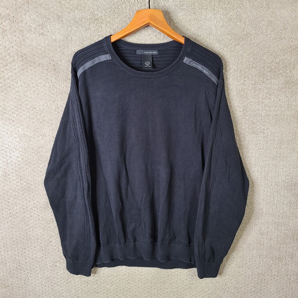 Calvin Klein Jeans Sweater Mens XL Black Cotton Ribbed Crewneck Pullover